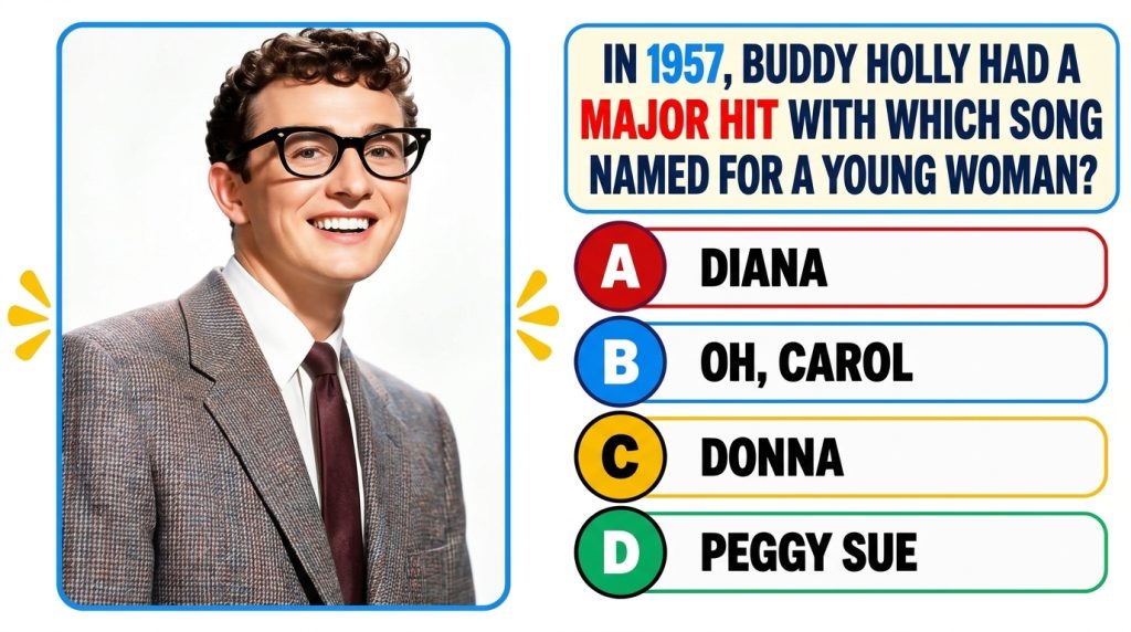A split composition the top half displays a smiling Buddy Holly wearing glasses and a plaid jacket framed in blue agains