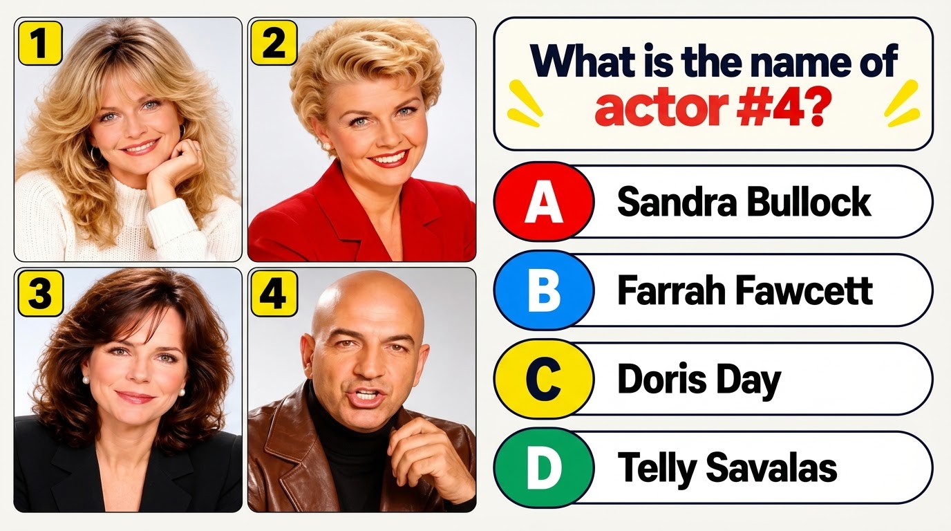 A celebrity quiz image showing four celebrity headshots in a 2x2 grid The first three subjects are smiling women The fou