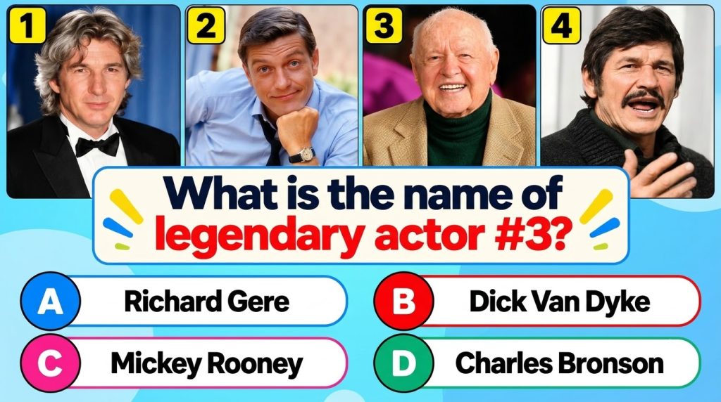 A multiple-choice quiz image featuring four portraits of classic Hollywood actors and a question to identify actor 3 who