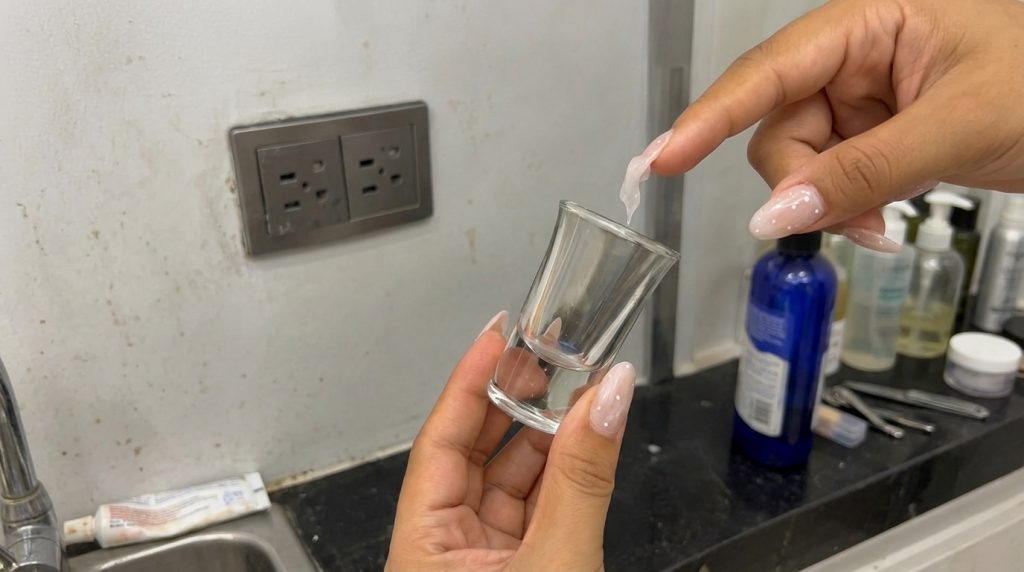 A hand gently touching a clear viscous liquid in a small shot glass illustrating the delicate interaction of touch and l