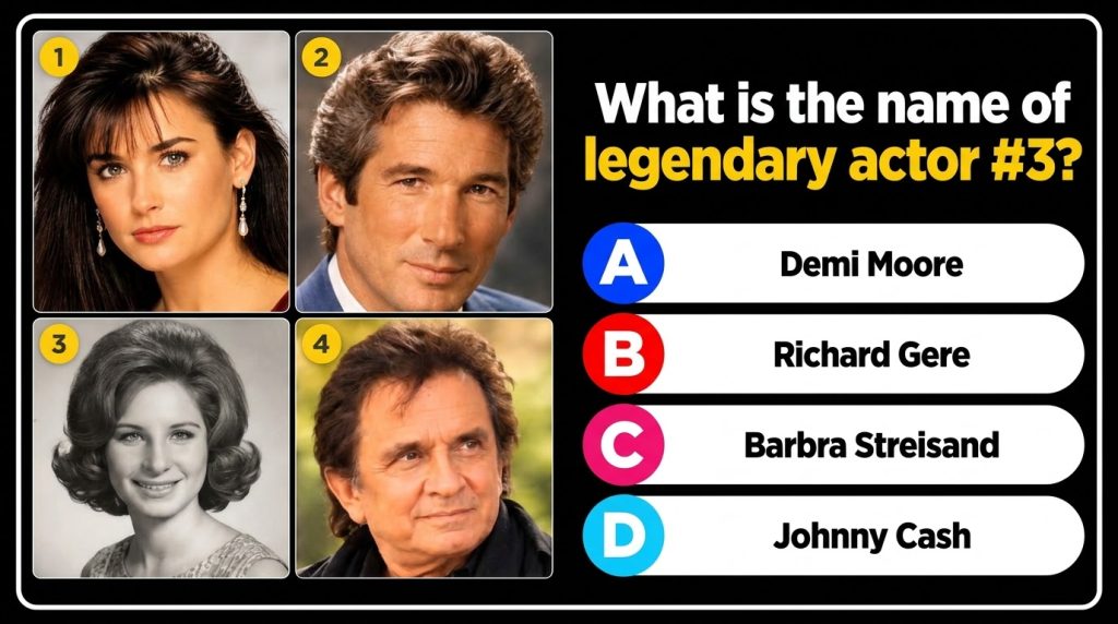 A mobile screen showing a celebrity trivia quiz The quiz features a grid of four celebrity portraits Demi Moore Richard 