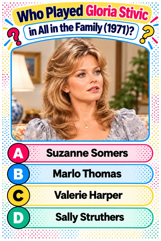 A woman with voluminous blonde hair and a floral blouse within a retro quiz card graphic