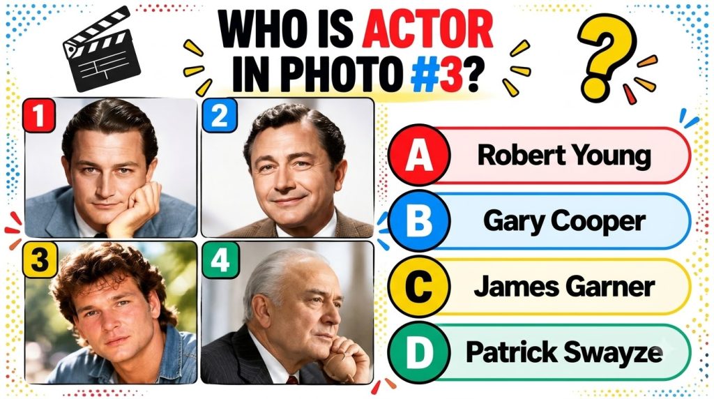 A quiz poster with four headshots of male actors in a 2x2 grid with multiple-choice options below Photo 3 depicts a youn