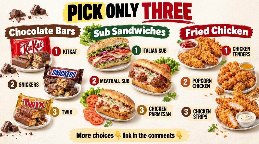 An infographic showing three categories of food Chocolate Bars Sub Sandwiches and Fried Chicken each with three numbered