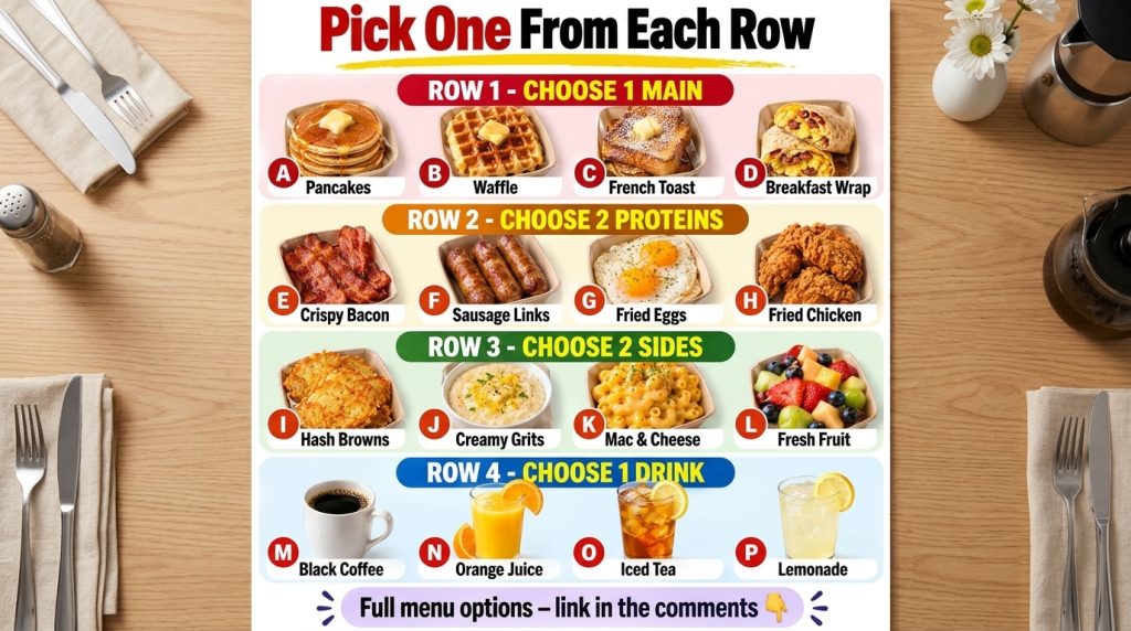A visually organized menu grid for a customizable breakfast meal with categories Mains Proteins Sides and Drinks showing