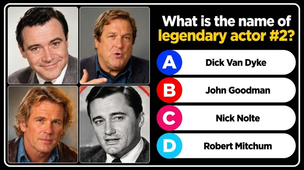A quiz graphic showing four headshots of famous actors in a 2x2 grid Dick Van Dyke John Goodman Nick Nolte and Robert Mi