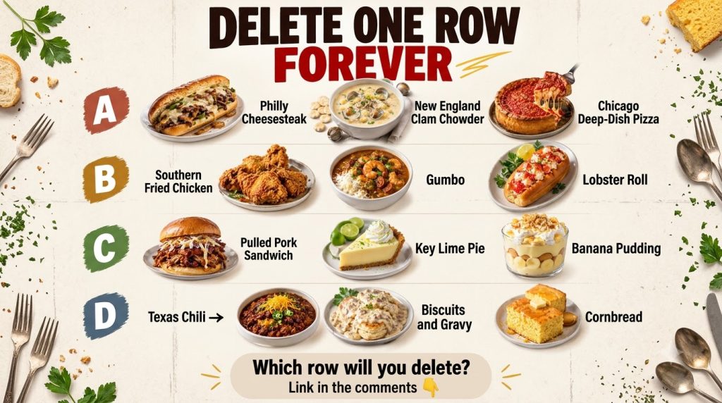 A flat lay grid of twelve popular American food dishes arranged in four rows A B C D of three dishes each on a light bac