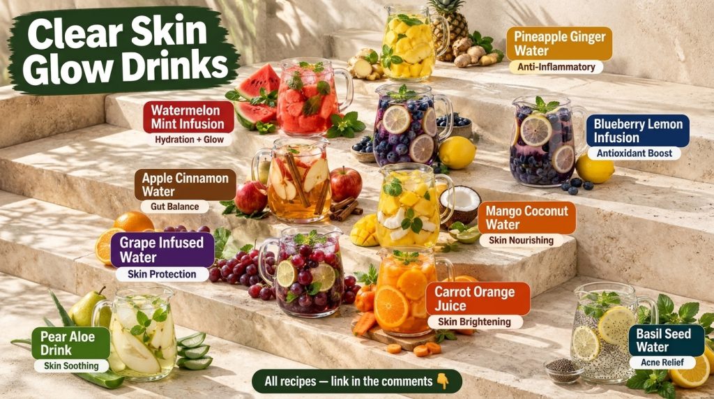 Nine glass pitchers filled with different fruit and herb-infused water each surrounded by its fresh ingredients like wat