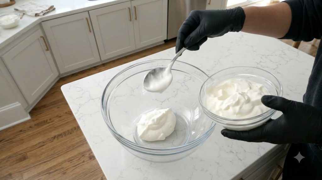 A hand in a black glove scooping Greek yogurt from a small bowl into a larger clear glass mixing bowl on a white marble 