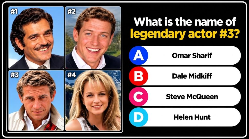 A 2x2 grid of celebrity headshots with a quiz question Can You Name This Star beneath them The bottom-left male subject 