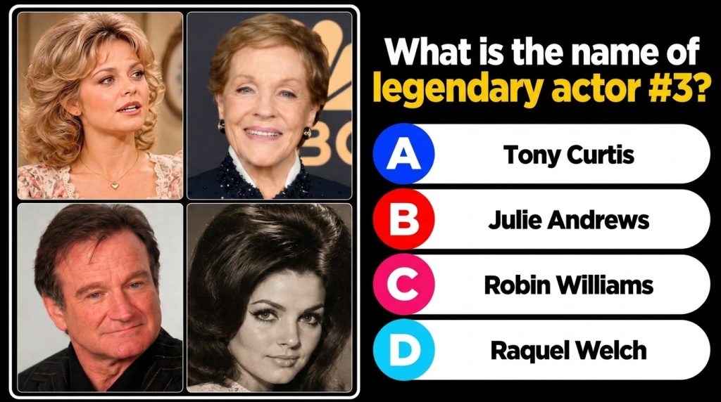 A 2x2 grid of four celebrity portraits Suzanne Somers Julie Andrews Robin Williams and Raquel Welch Below the grid a qui
