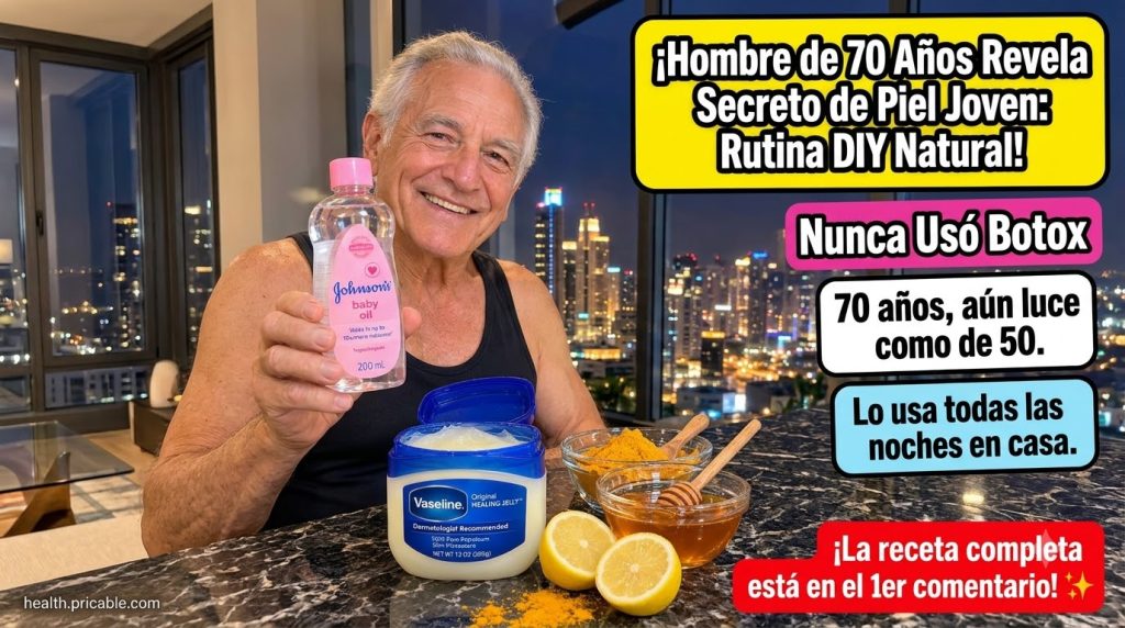 Un hombre sonriente de unos 70 años con cabello gris sosteniendo una botella de aceite para bebés En primer plano vaseli