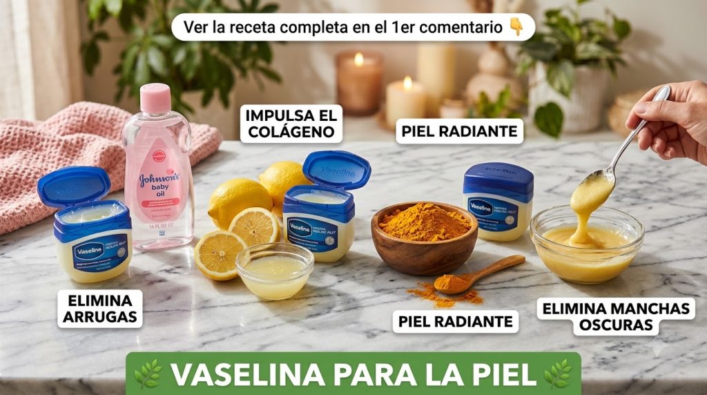 A collage of four square panels each showing Vaseline combined with a natural ingredient baby oil turmeric lemon for ski