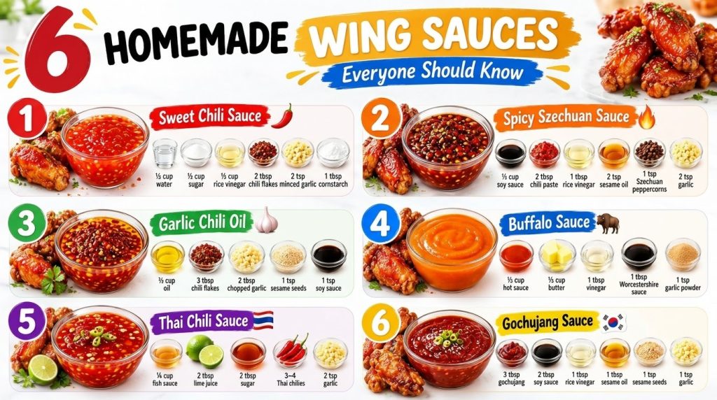 An infographic showing six homemade wing sauce recipes each with a bowl of sauce cooked chicken wings and individual ing