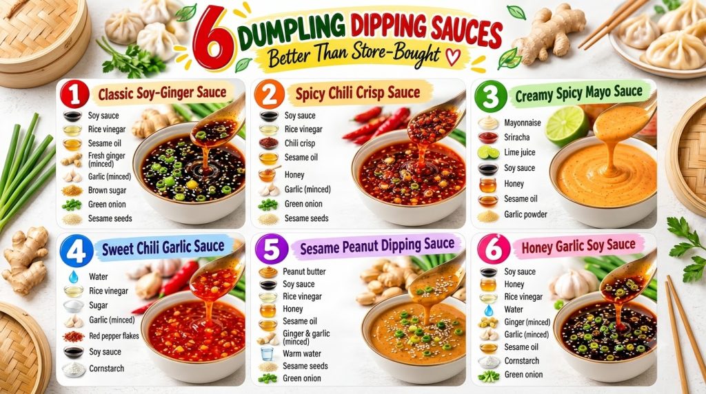 An infographic showing six distinct dumpling dipping sauce recipes with ingredients and finished bowls a spoon pouring s