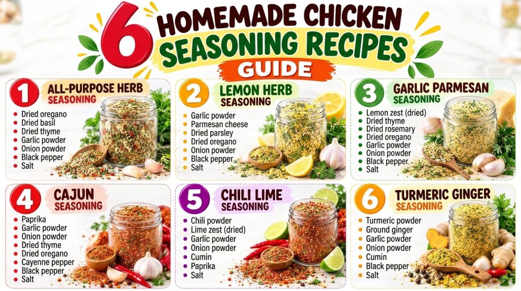 An infographic-style grid showcasing six different homemade chicken seasoning recipes in glass jars surrounded by fresh 