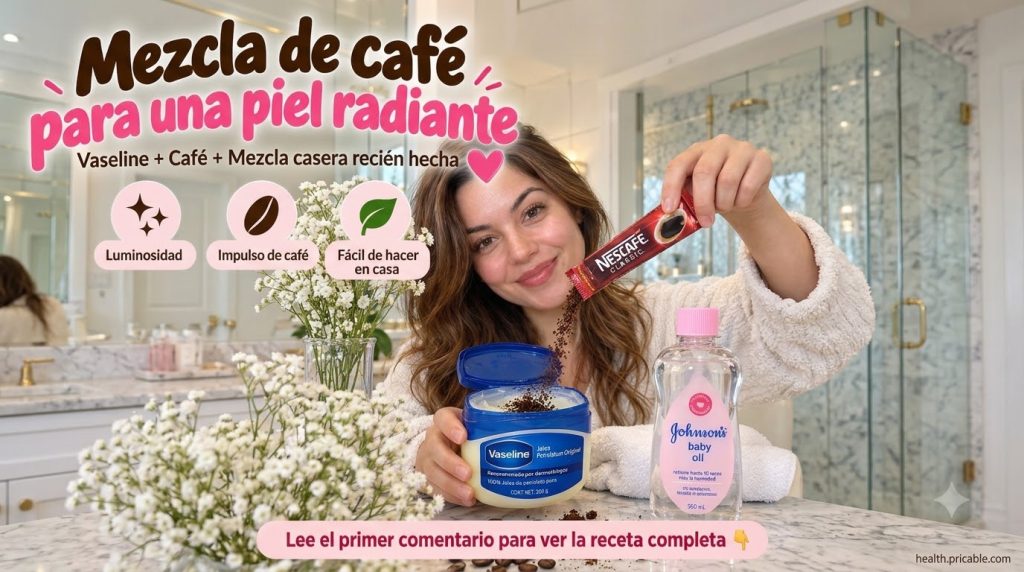 A smiling woman preparing a coffee and Vaseline mask letting coffee granules fall into a jar of Vaseline with baby oil a