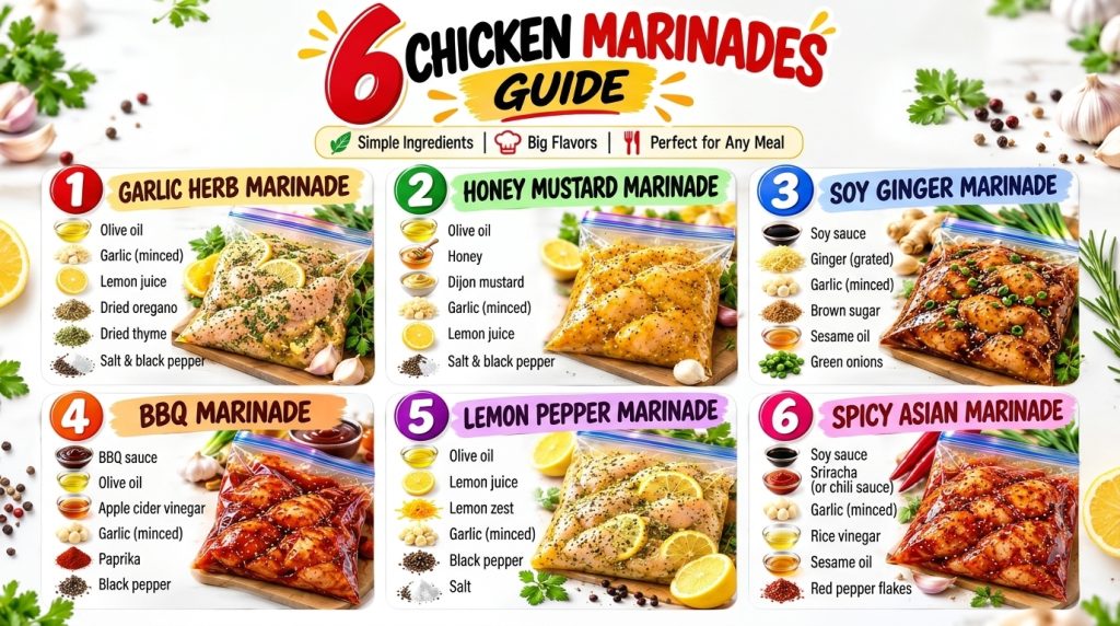 A vibrant infographic titled 6 Chicken Marinades Guide showing six different raw chicken marinades in clear bags each wi