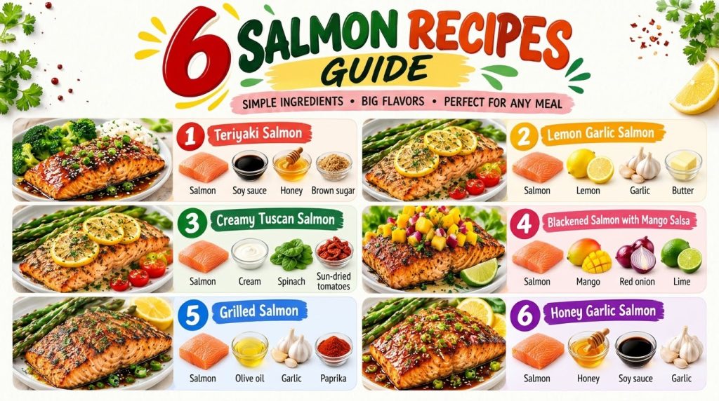 An infographic showing six different salmon recipes with their cooked dishes on one side and raw ingredients on the othe