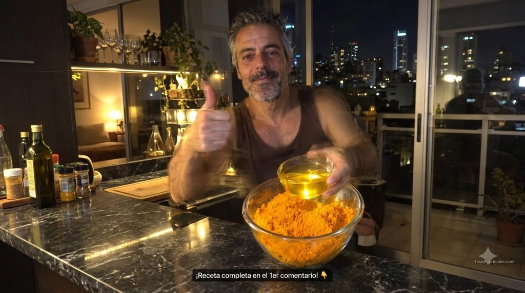 A person s hands mixing vibrant orange turmeric powder with a yellow liquid in glass bowls in a kitchen setting with cit