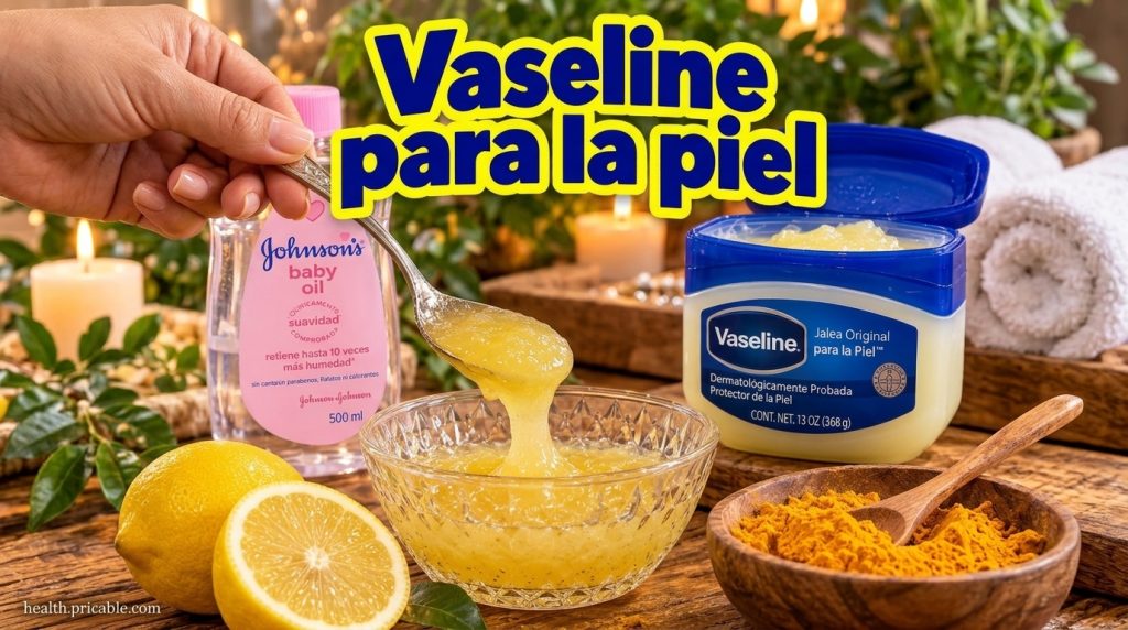 A hand holding a spoon with a yellow scrub dripping into a clear glass bowl Around it are a bottle of baby oil an open j