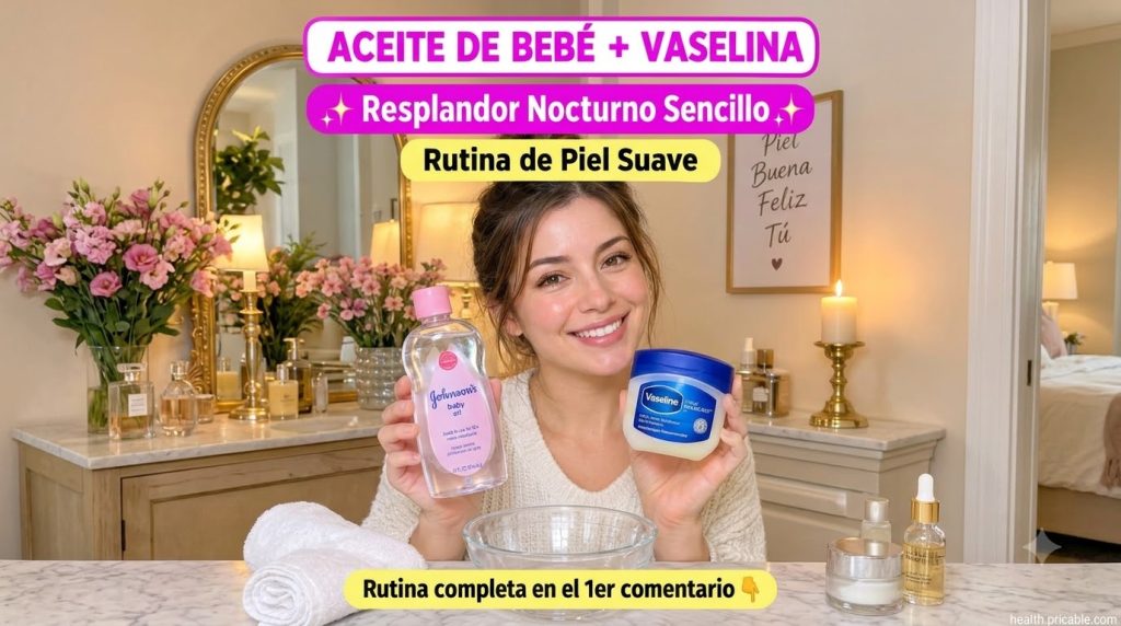 Una mujer joven sonriente sosteniendo una botella de aceite de bebé y un envase de vaselina con un cuenco vacío en un to