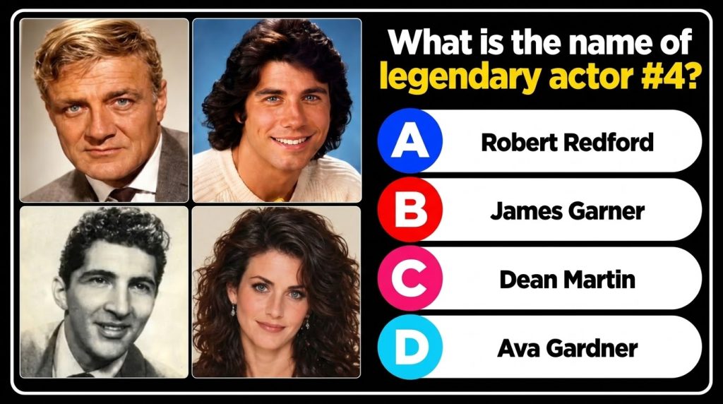 A celebrity quiz image with four square headshots of actors in a 2x2 grid James Garner John Travolta Dean Martin and Cou
