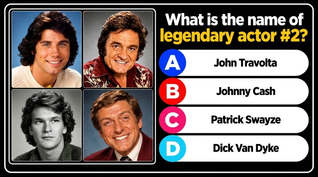 A quiz-style social media graphic featuring a collage of four headshots of legendary actors John Travolta Johnny Cash Pa