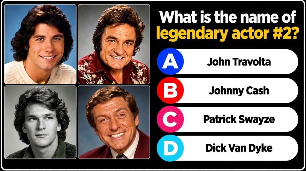 A quiz graphic featuring a 2x2 grid of headshots of four legendary actors from the 70s and 80s John Travolta Johnny Cash