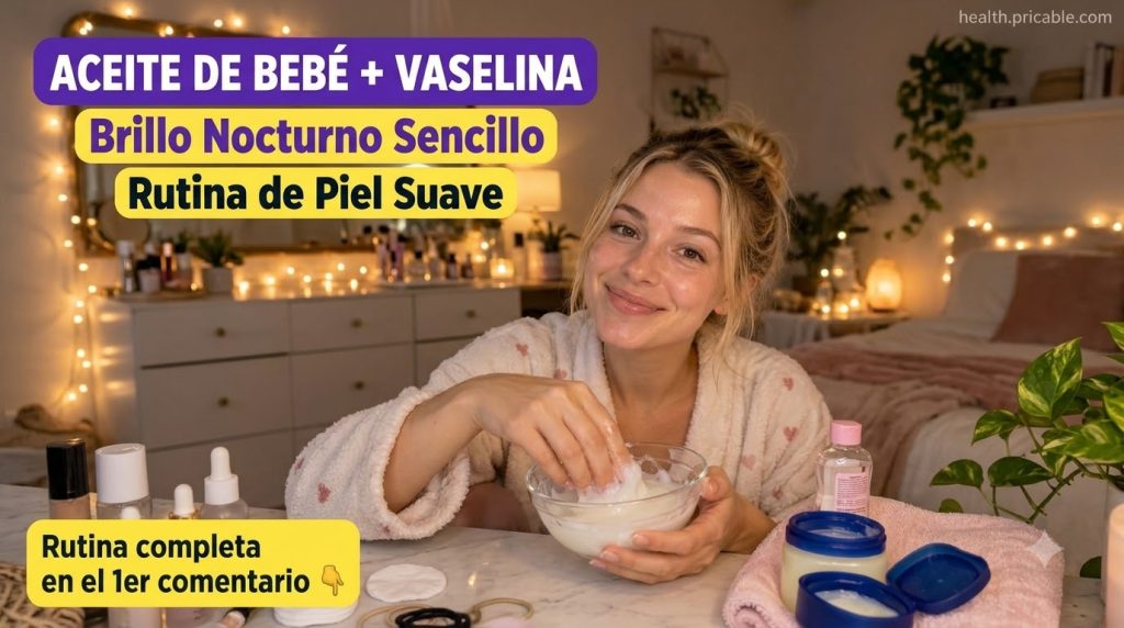 Two hands gently mixing Vaseline and baby oil in a small elegant bowl The background shows a soft natural glow on skin a