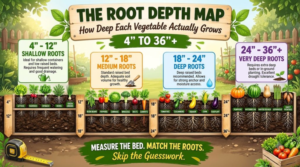 An infographic showing various vegetables above ground with their root systems visible below ground categorized by depth
