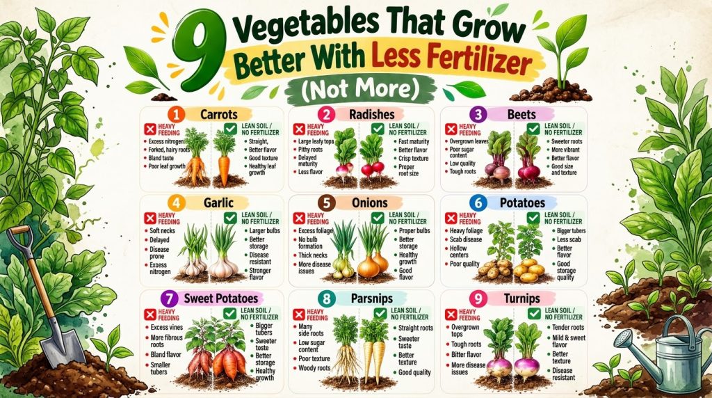 An infographic comparing Heavy Feeding vs Lean Soil No Fertilizer for nine root vegetables Carrots Radishes Beets Garlic