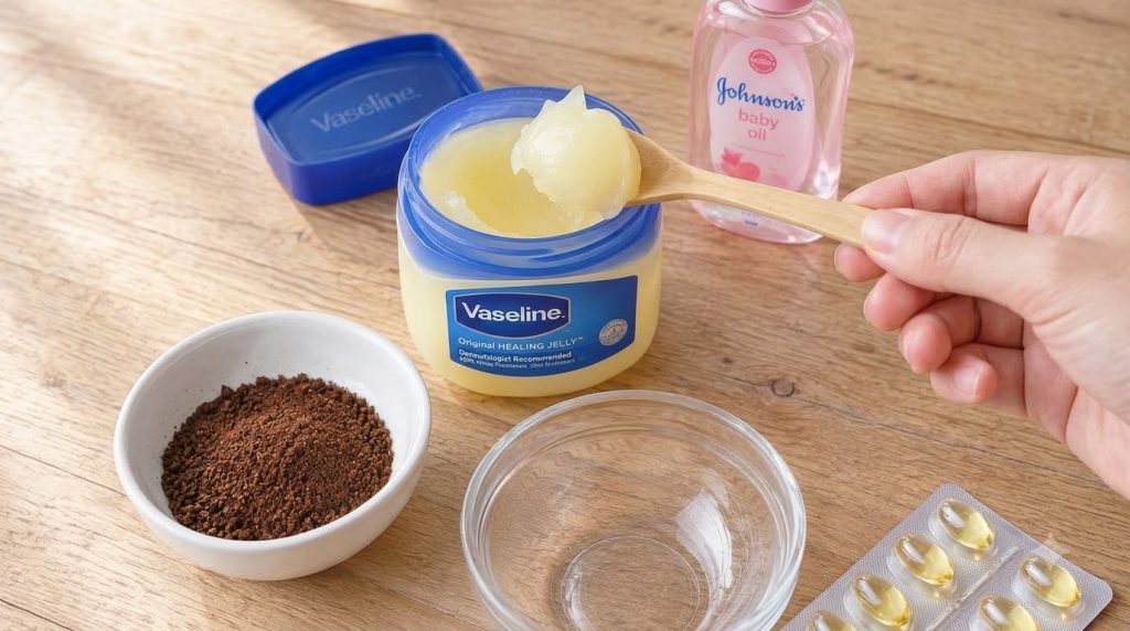 Ingredients for a DIY under-eye cream laid out on a wooden table including an open jar of Vaseline with a wooden spoon a