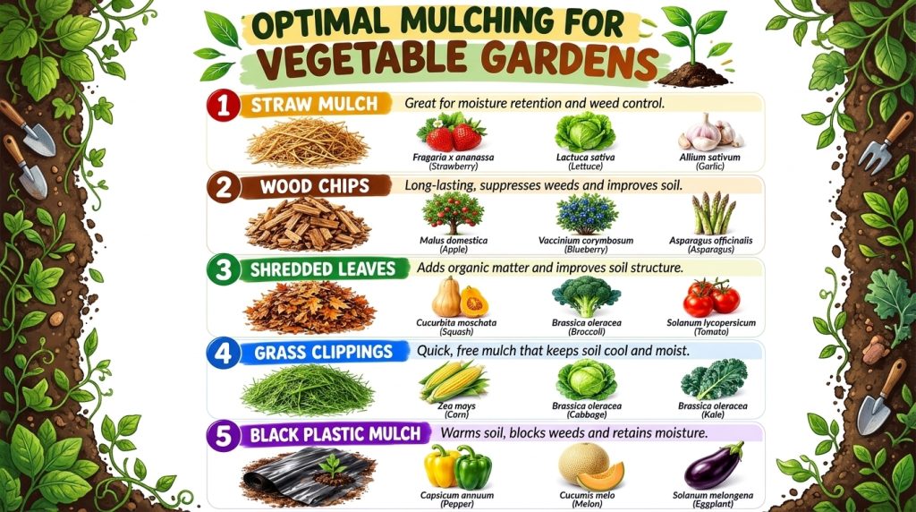 An infographic detailing five types of mulch for vegetable gardens Straw Wood Chips Shredded Leaves Grass Clippings and 
