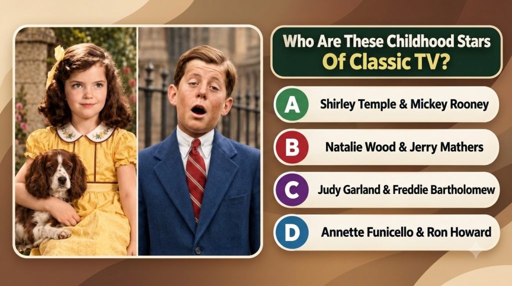 A multiple-choice quiz graphic showing a young Shirley Temple with a dog with the question Can you recognize this classi