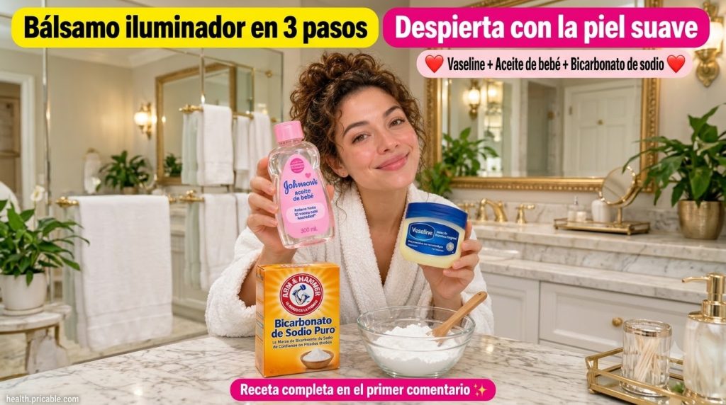 Una mujer sonriente en un albornoz blanco sosteniendo una botella de aceite de bebé y un bote de vaselina con bicarbonat