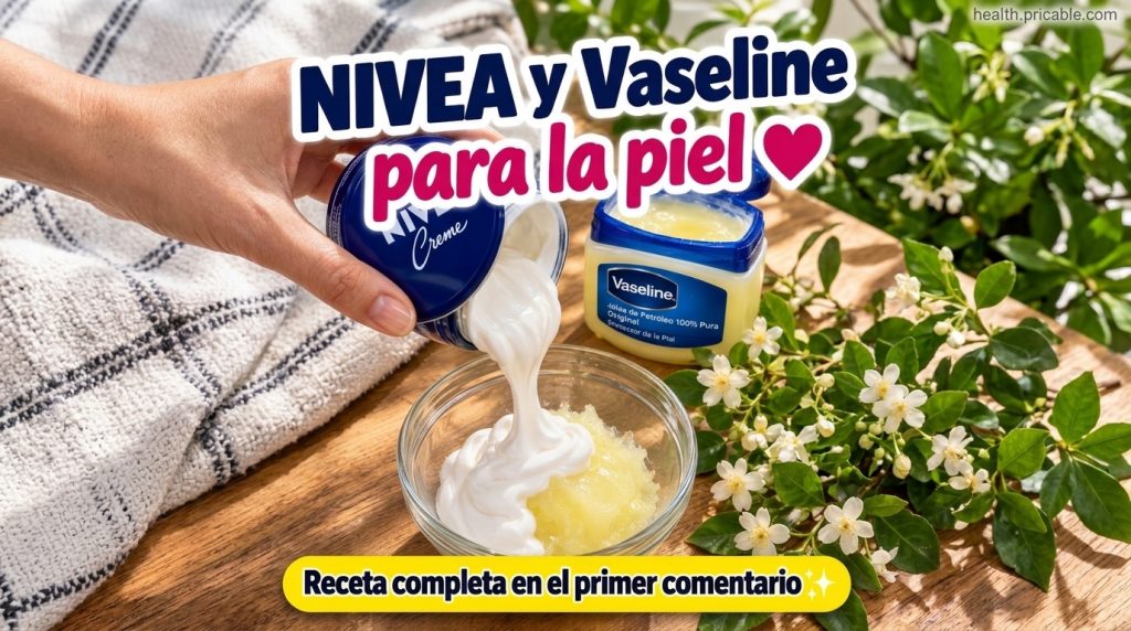A hand pouring white Nivea Creme into a glass bowl already containing yellow Vaseline with a jar of Vaseline and white f