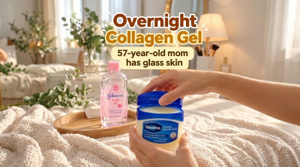 A pair of hands holding an open jar of Vaseline Original Healing Jelly A bottle of Johnson s baby oil is in the mid-grou