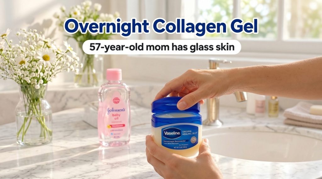 Hands gently holding an open jar of Vaseline Original Healing Jelly on a white marble countertop with a blurred pink bot