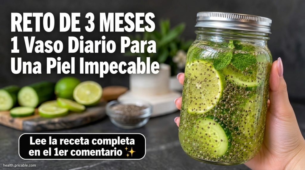 Una mano sostiene un tarro de cristal con una bebida verde y semillas de chía haciendo referencia a un desafío de 3 mese