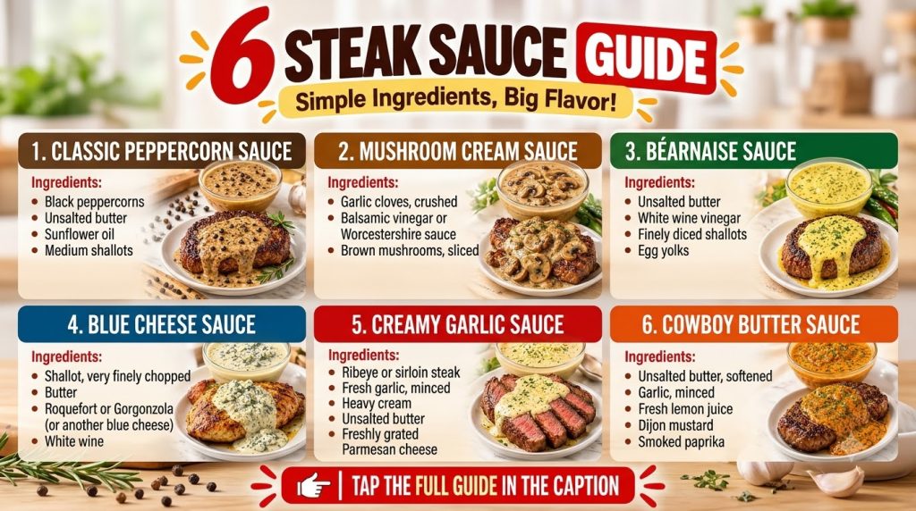 A top-down brightly lit grid showcasing six different steak sauces each with its key ingredients and a portion drizzled 