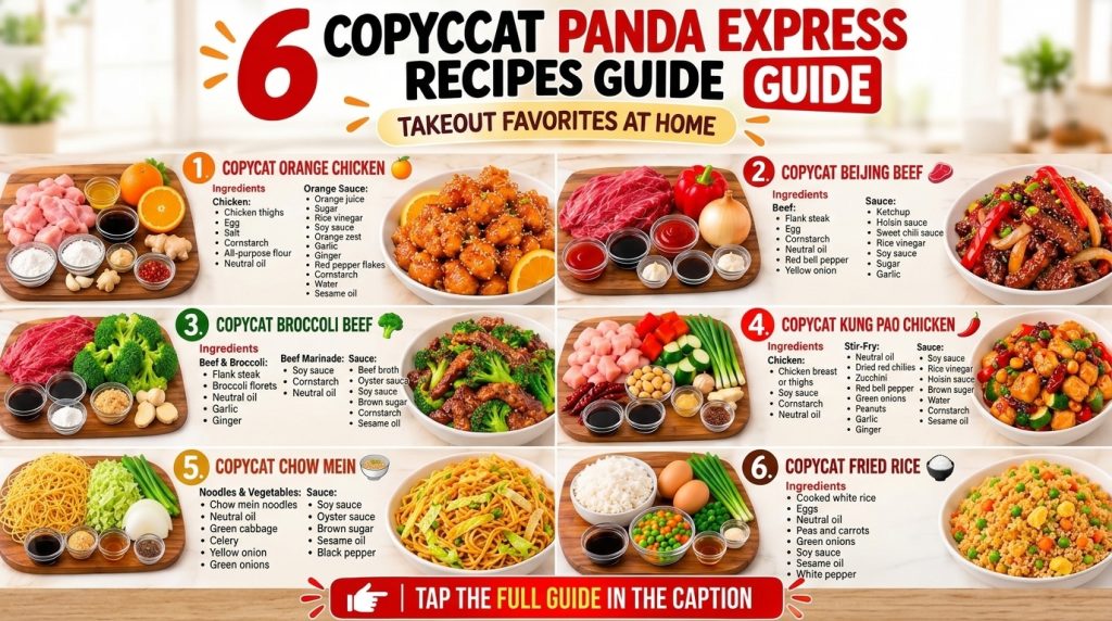 An overhead infographic showing six different Panda Express copycat recipes each with raw ingredients and a finished pla