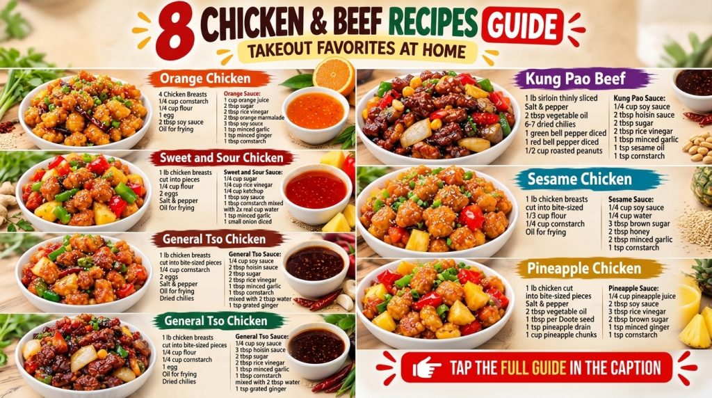 A beautiful spread of various homemade Chinese takeout dishes like a general Tso s chicken beef and broccoli and lo mein