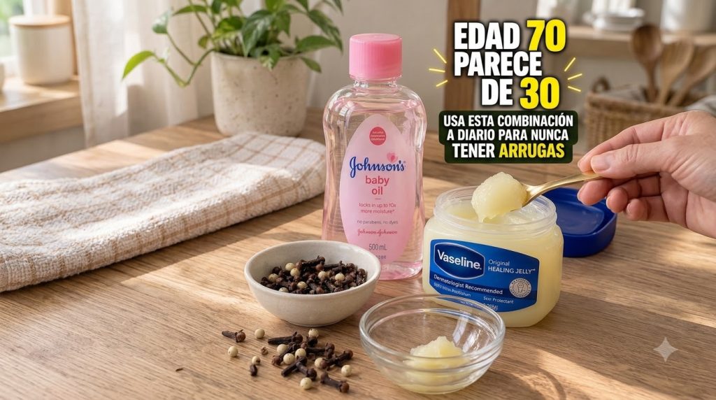 Skincare products Johnson s baby oil Vaseline and natural ingredients cloves on a wooden surface with a spoon scooping V