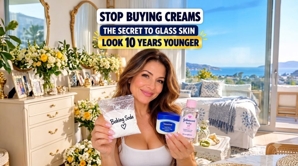A smiling woman holding a baggie of baking soda a tub of Vaseline and a bottle of baby oil against a bright background w