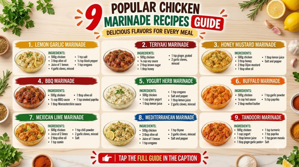 An infographic showing 9 different chicken marinade recipes in clear glass bowls with chicken each labeled with its reci