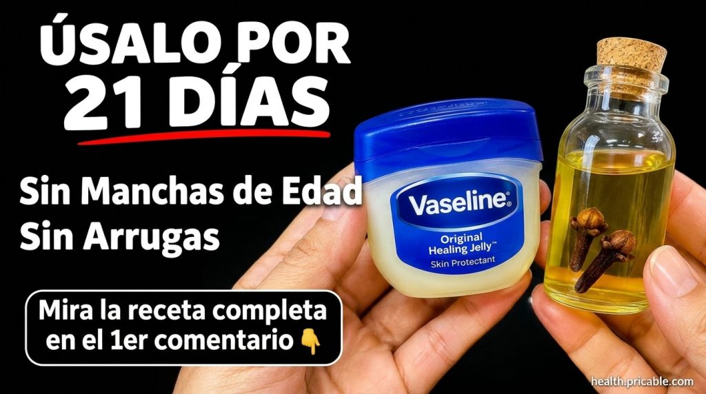 Two hands holding a classic blue and white Vaseline jar and a glass bottle with yellowish liquid containing cloves again