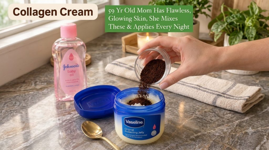 A hand pouring finely ground coffee into a jar of Vaseline on a marble surface In the background there s a bottle of bab