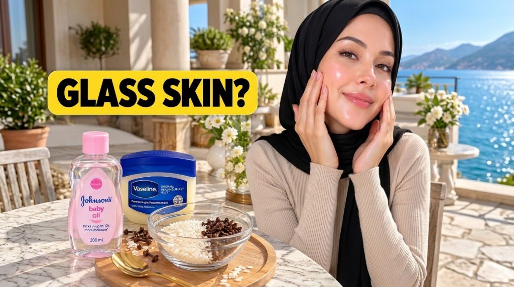 A smiling woman with radiant glass skin touching her face wearing a black hijab In the foreground Johnson s Baby Oil Vas