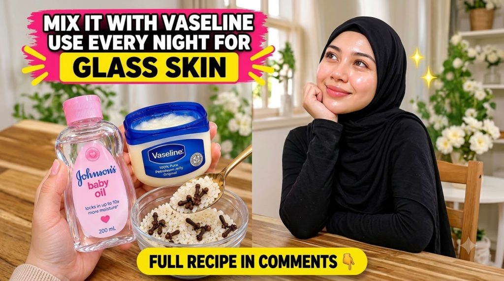 A woman with radiant glass skin and defined eyelashes wearing a black hijab looking up with a soft smile Below hands hol